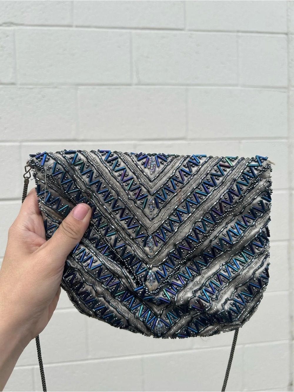Vintage Embellished Sequins Multi Colored Navy Beaded Crossbody Bag